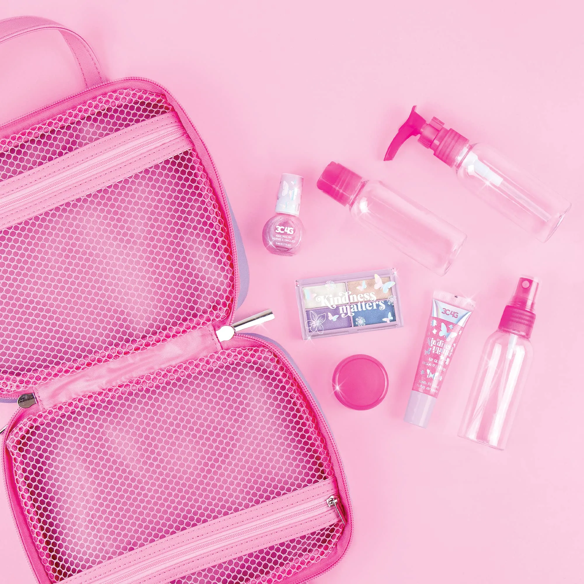 3C4G Butterfly Away Kids Travel Toiletries & Cosmetic Set with TSA Approved Travel Bottles, Girls Lip Gloss, Kids Nail Polish & More - Girls Makeup Bag, Travel Bottles for Toiletries by Make It Real
