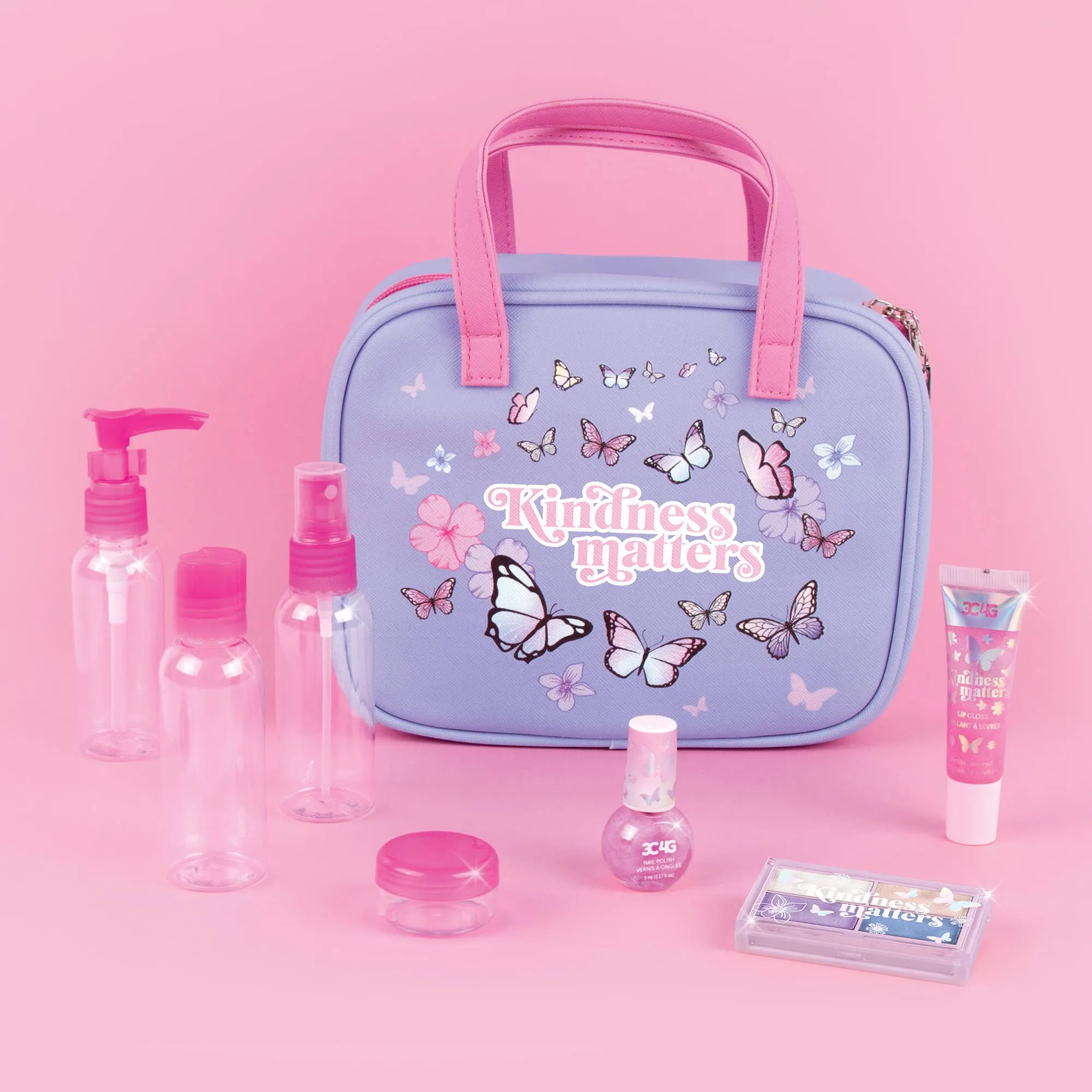 3C4G Butterfly Away Kids Travel Toiletries & Cosmetic Set with TSA Approved Travel Bottles, Girls Lip Gloss, Kids Nail Polish & More - Girls Makeup Bag, Travel Bottles for Toiletries by Make It Real