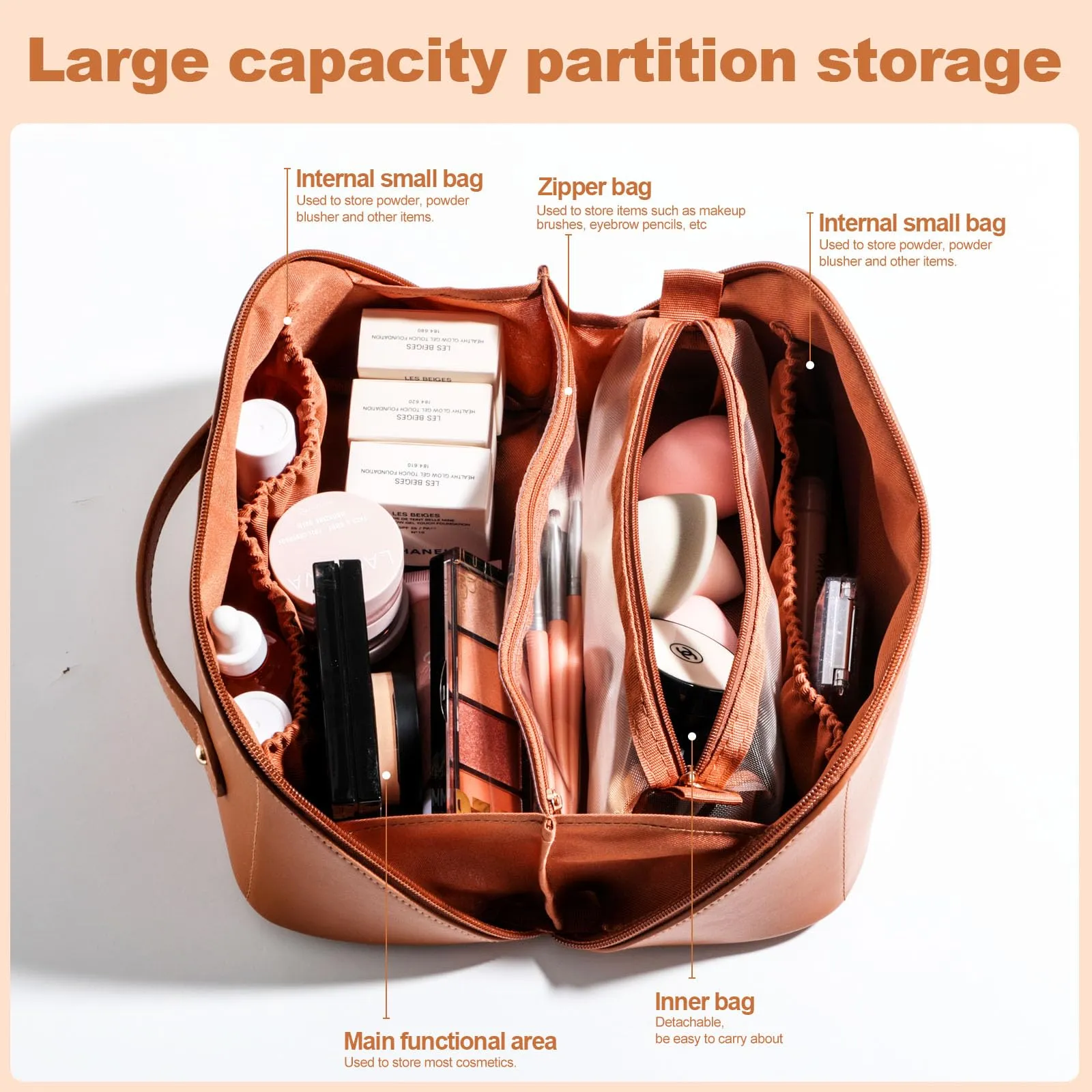 BS-MALL Travel Makeup Bag – Portable Large Capacity Toiletry Bag Perfect for Organizing Travel Size Toiletries, Flat Opening for Easy Access with 1 Makeup Brush & Zipper Bag