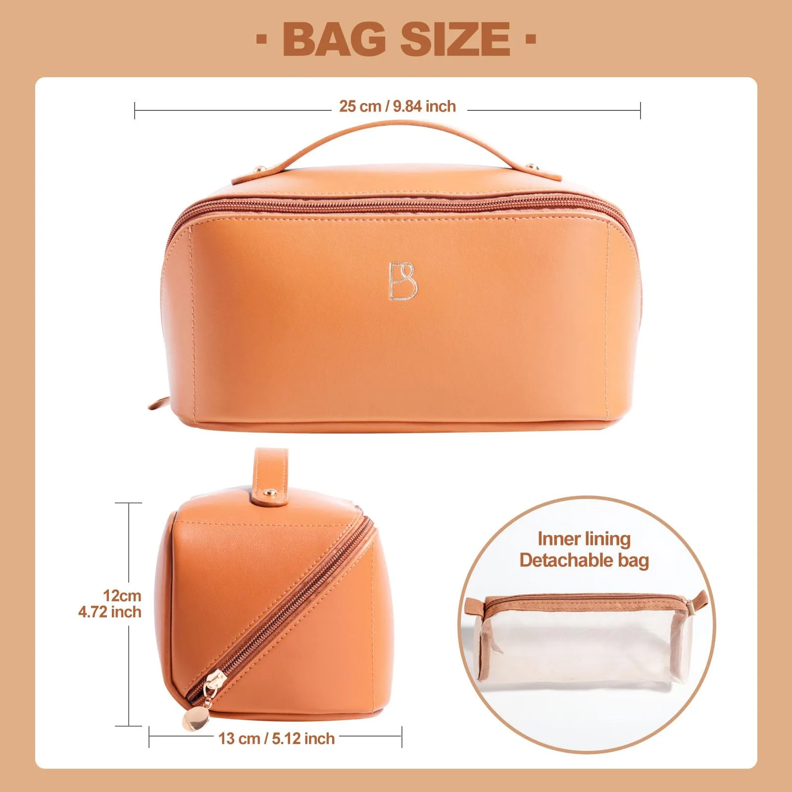 BS-MALL Travel Makeup Bag – Portable Large Capacity Toiletry Bag Perfect for Organizing Travel Size Toiletries, Flat Opening for Easy Access with 1 Makeup Brush & Zipper Bag