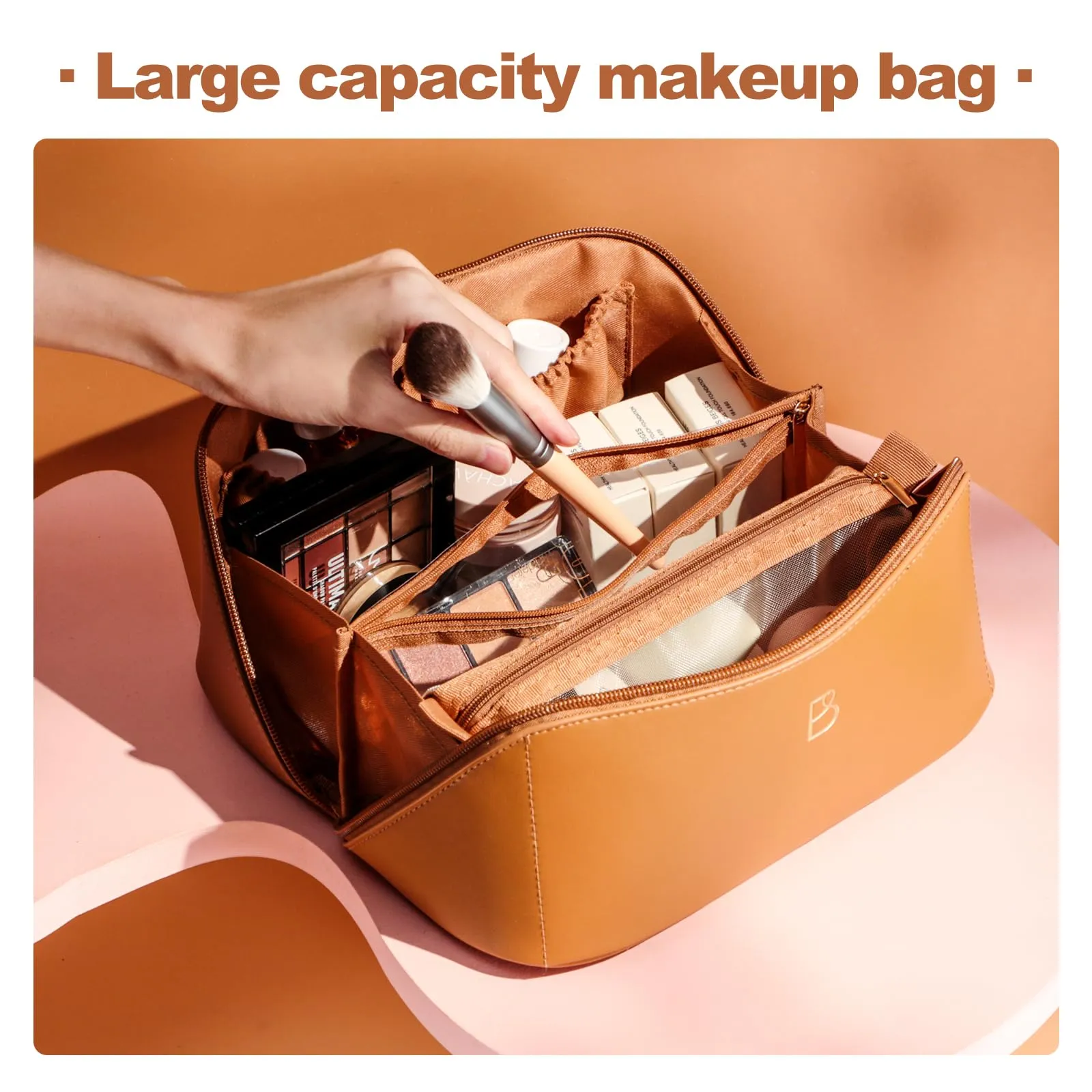 BS-MALL Travel Makeup Bag – Portable Large Capacity Toiletry Bag Perfect for Organizing Travel Size Toiletries, Flat Opening for Easy Access with 1 Makeup Brush & Zipper Bag