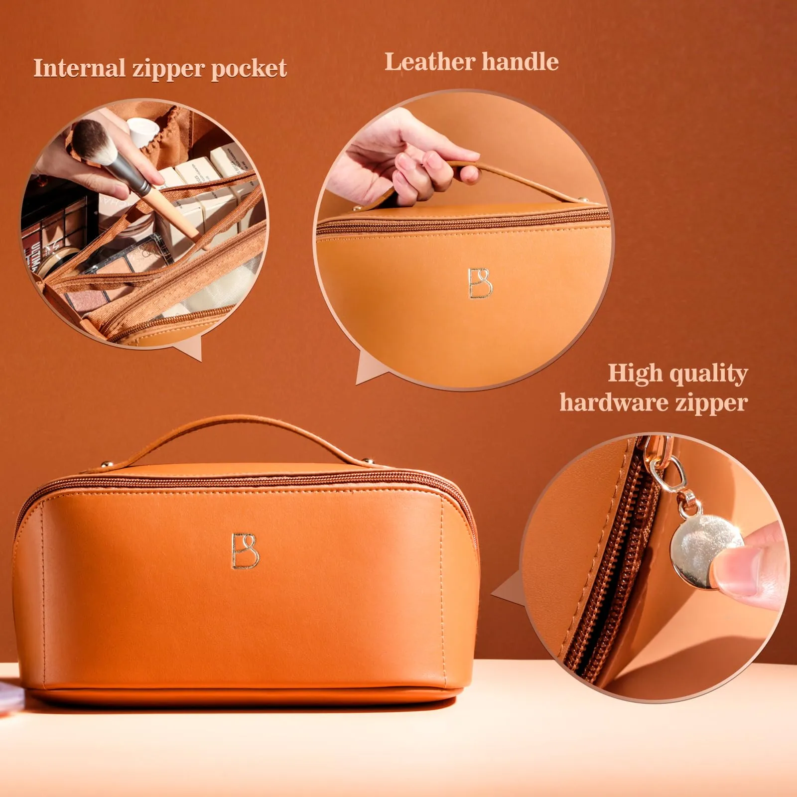 BS-MALL Travel Makeup Bag – Portable Large Capacity Toiletry Bag Perfect for Organizing Travel Size Toiletries, Flat Opening for Easy Access with 1 Makeup Brush & Zipper Bag