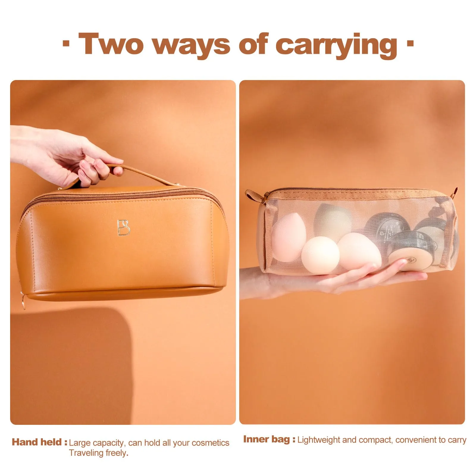 BS-MALL Travel Makeup Bag – Portable Large Capacity Toiletry Bag Perfect for Organizing Travel Size Toiletries, Flat Opening for Easy Access with 1 Makeup Brush & Zipper Bag