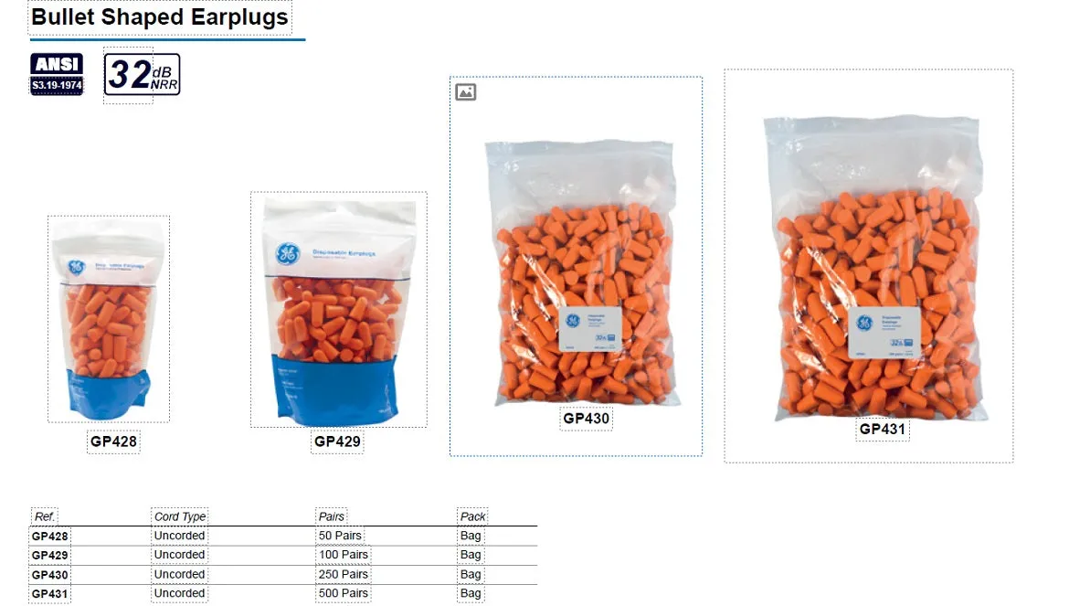 GE PPE - #GP428 -  BULLET SHAPED DISPOSABLE EARPLUG 50 PAIRS per bag - uncorded