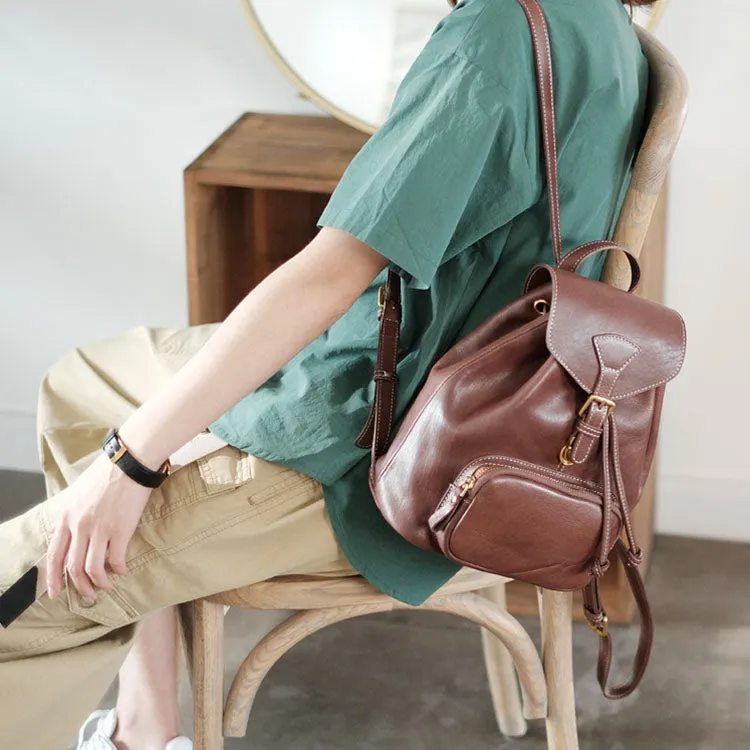 Handmade Womens Real Leather Flap Backpack Purse Leather Knapsack for Women