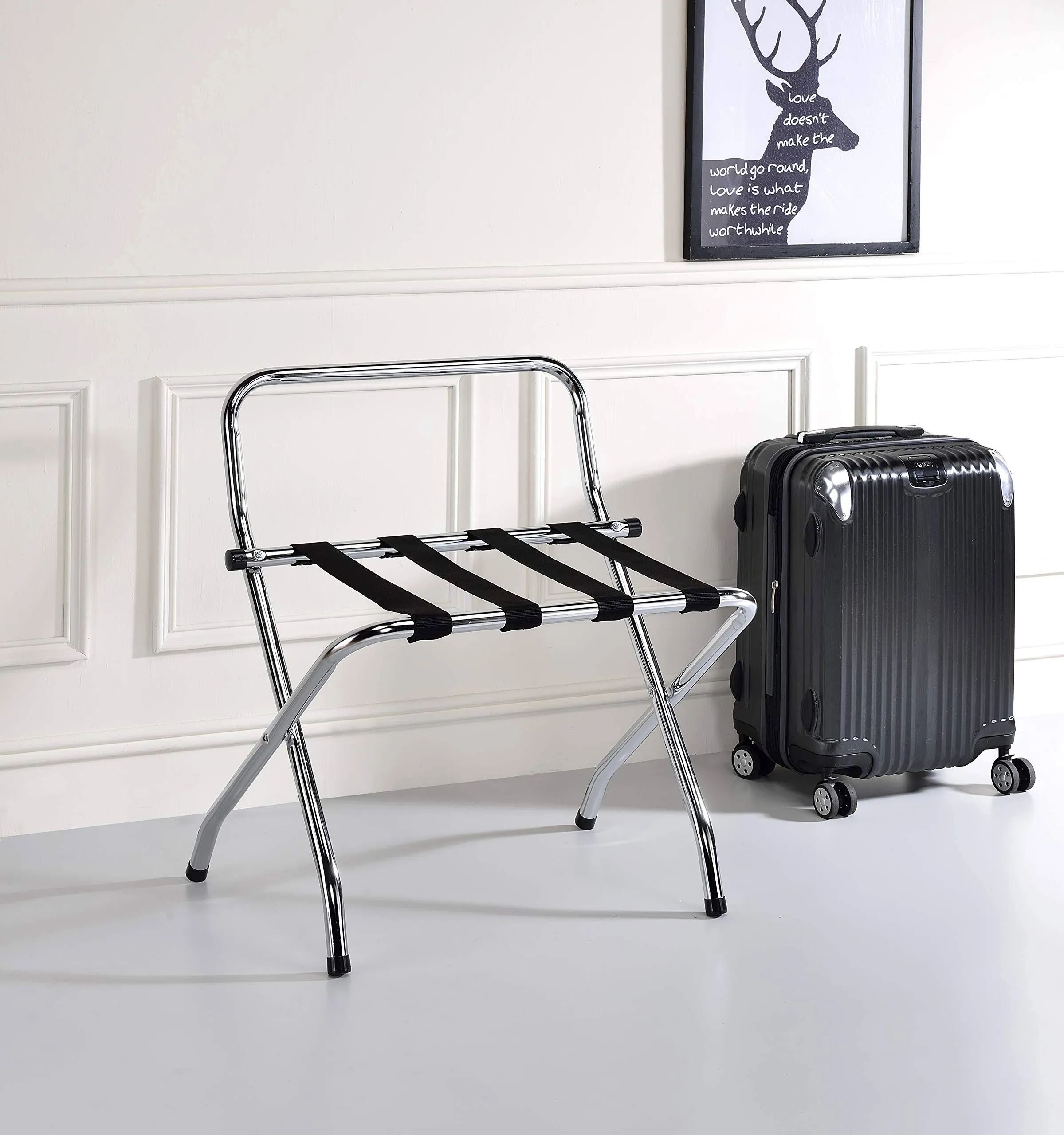 High Back Chrome Luggage Rack - Compact & Portable