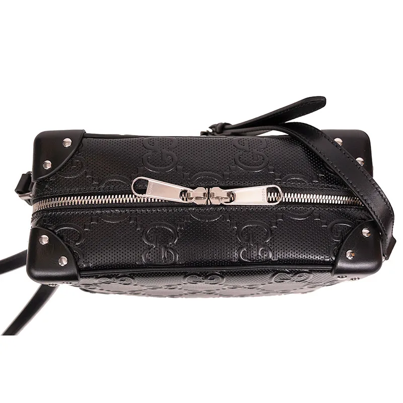 NEW $2,200 GUCCI Black GG EMBOSSED LEATHER SQUARE Perforated Crossbody BAG NWT