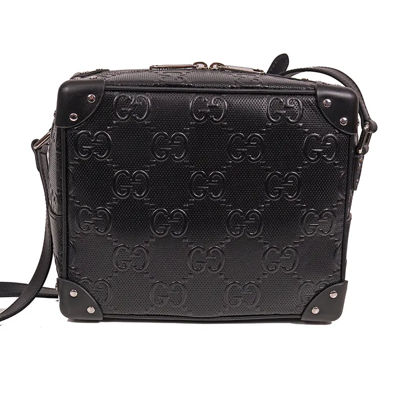 NEW $2,200 GUCCI Black GG EMBOSSED LEATHER SQUARE Perforated Crossbody BAG NWT
