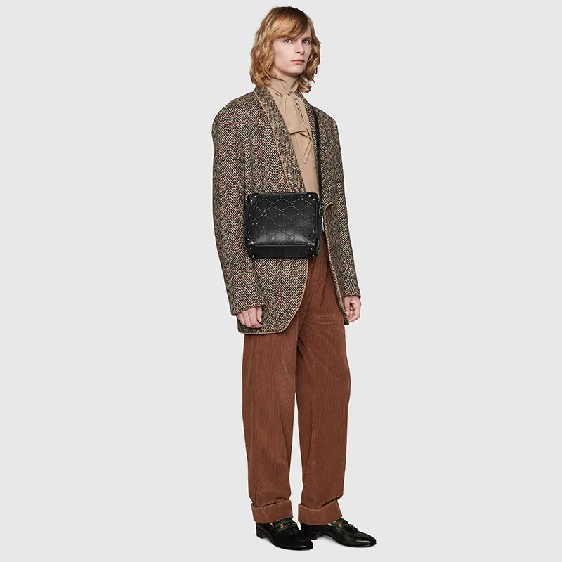NEW $2,200 GUCCI Black GG EMBOSSED LEATHER SQUARE Perforated Crossbody BAG NWT