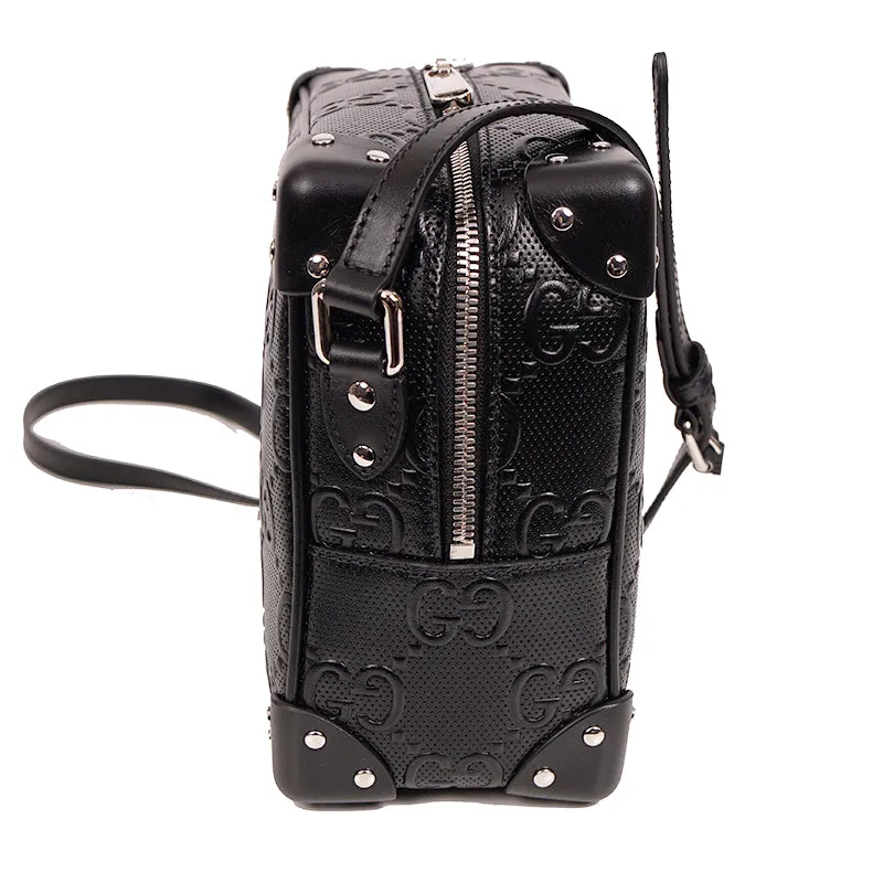 NEW $2,200 GUCCI Black GG EMBOSSED LEATHER SQUARE Perforated Crossbody BAG NWT