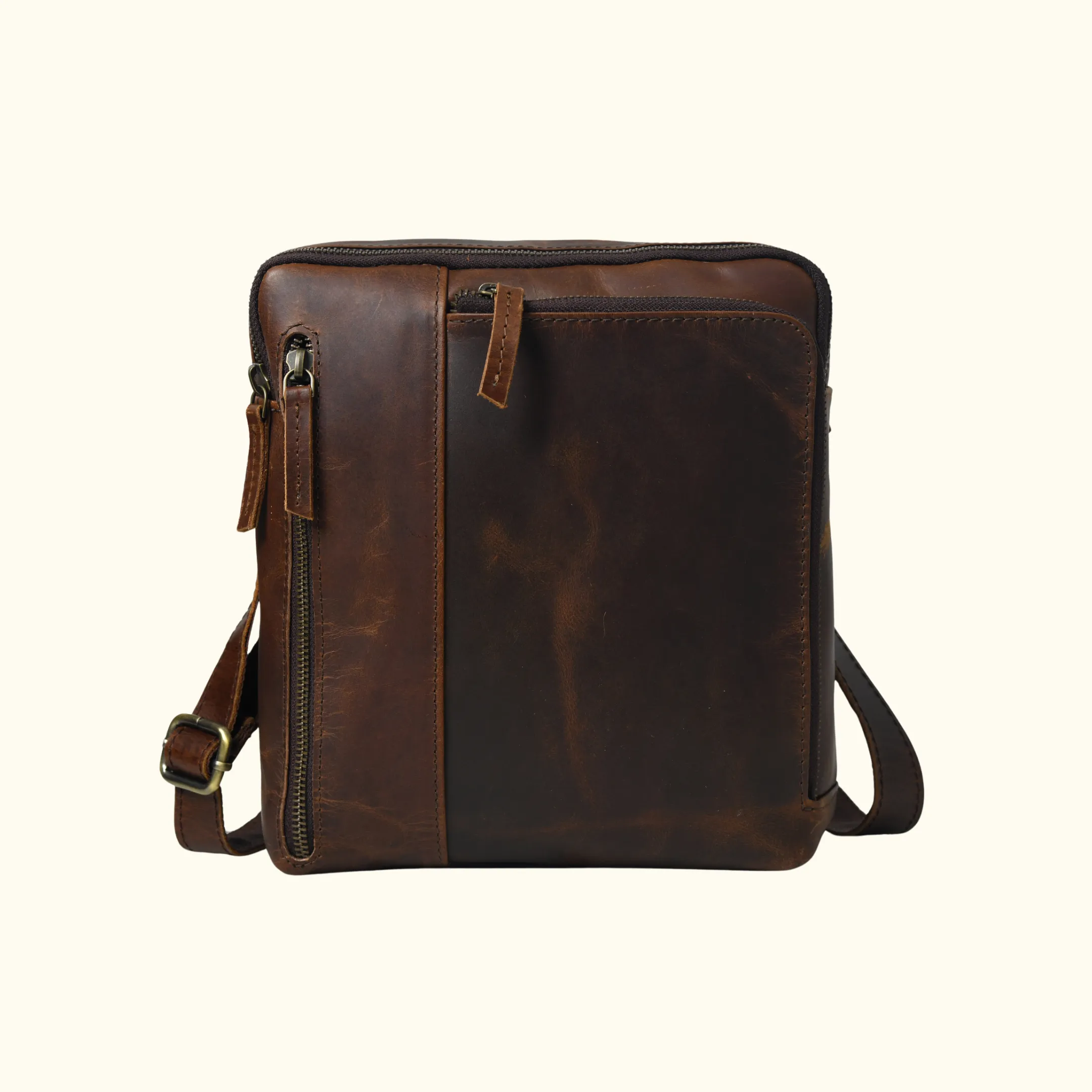 Top-grain Genuine Leather Mini Messenger Bag for Men with 4 Zipper Pockets, Adjustable Buckle | Small Sling Bag for Office & Travel