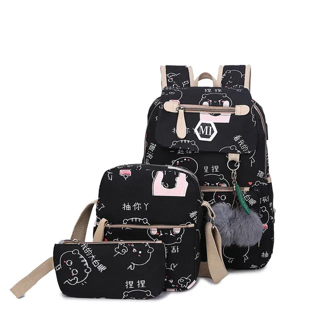 USB Charging School Backpacks 3 Pcs/Set